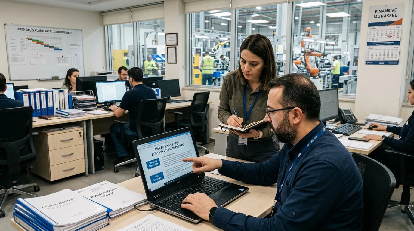 E-Fatura ve E-Arşive Geçişte Dikkat Edilmesi Gereken Yasal — fabrika veya ofis ortamında uygulama görseli