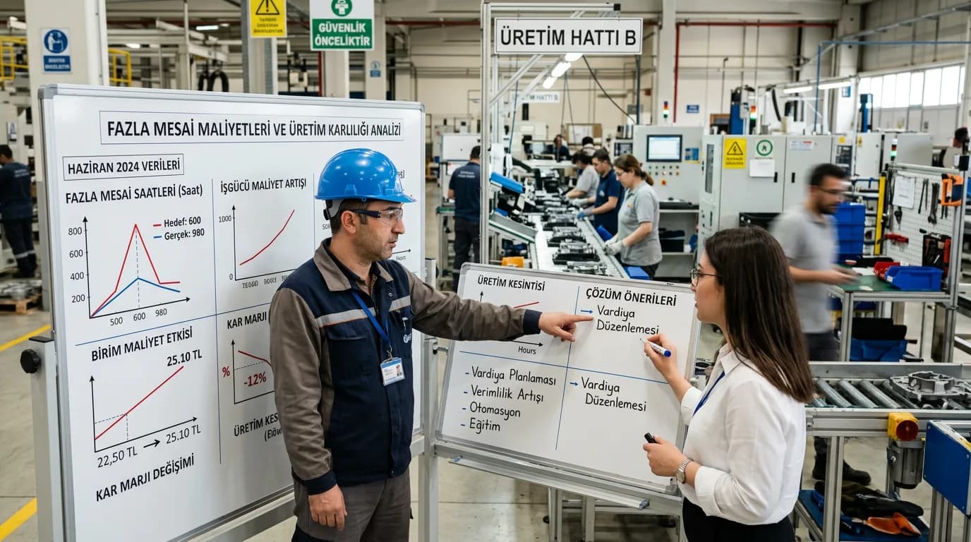 Fabrikada fazla mesai maliyet hesaplama tablosunu inceleyen usta ve arka planda enjeksiyon makineleri