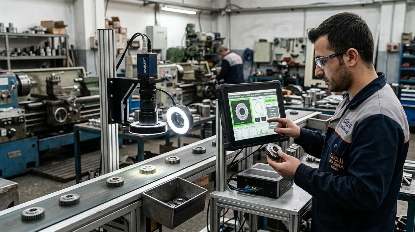 Üretim bandında çapak tespiti yapan endüstriyel kameralı kalite kontrol sistemi ve yapay zeka ekranı